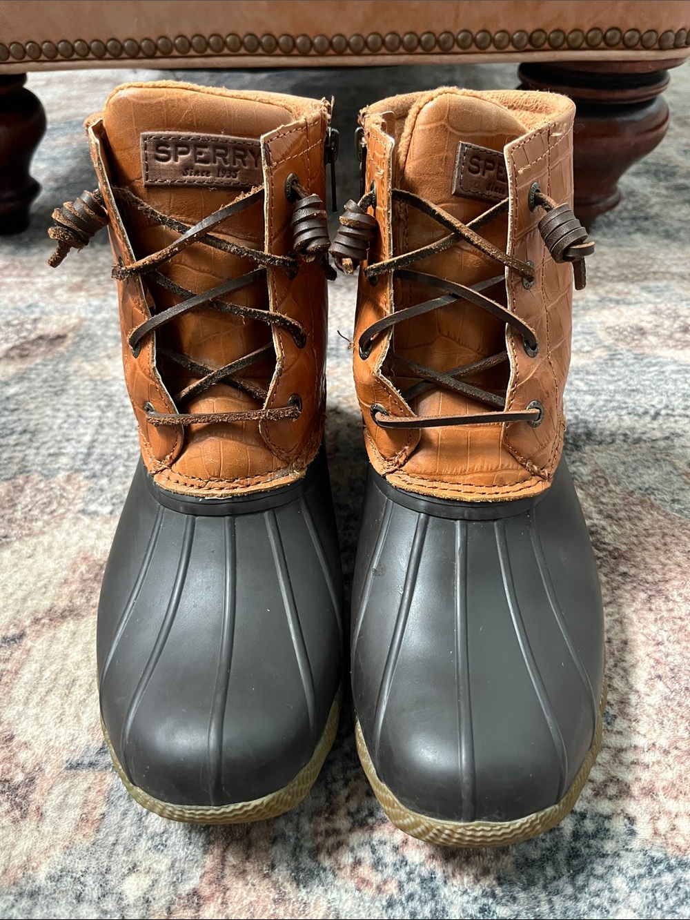 Sperry Crocodile Brown Leather and Black Rubber Duck Boots